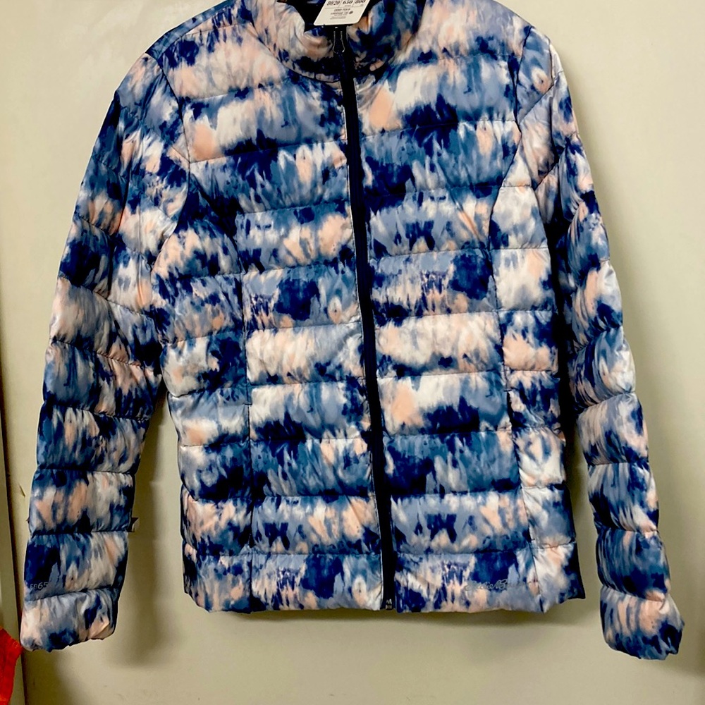 Eddie Bauer white duck down women’s jacket new with tags blue white pink